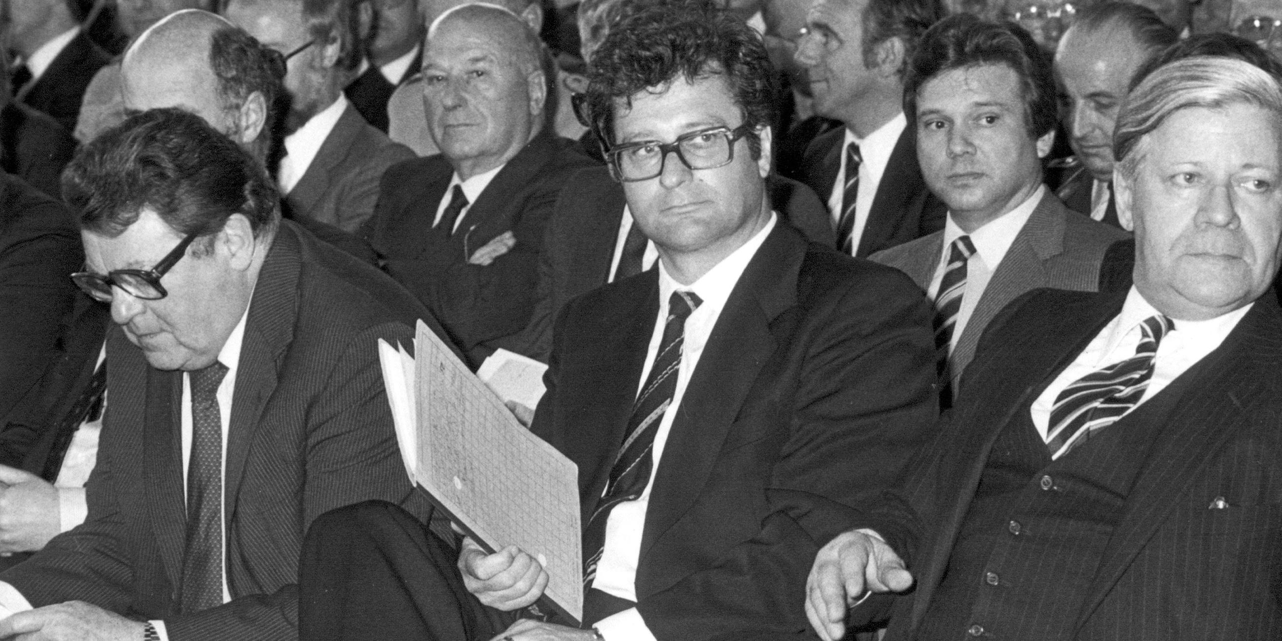 Franz Josef Strauß (CSU), Klaus Kinkel (FDP) und Helmut Schmidt (SPD) - (Archivbild vom 01.04.1981)