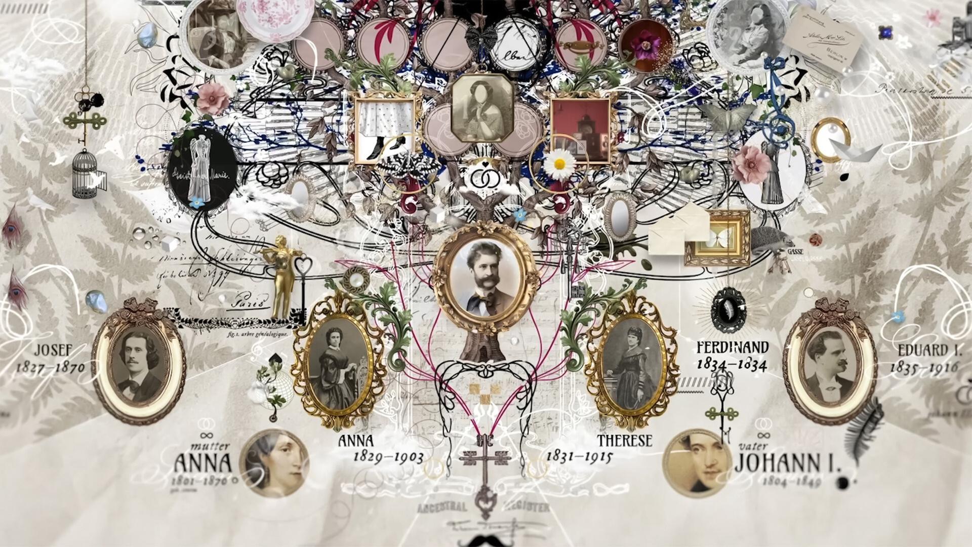 Das Bild zeigt einen kunstvoll gestalteten Stammbaum der Musikerfamilie Strauss, der auf monochromem Hintergrund mit verschiedenen dekorativen Elementen versehen ist. In der Mitte des Stammbaums ist ein Porträt von Johann Strauss II. sichtbar, umgeben von stilisierten Rahmen, die verschiedene Familienmitglieder darstellen.   Es sind insgesamt mehrere Portraits abgebildet, die in goldenen ovalen Rahmen eingefasst sind. Unter dem Porträt von Johann Strauss II. sind weitere Namen wie „Johann I.“, „Anna“ und „Therese“ vermerkt. Um die Portraits führen geschwungene Linien und dekorativ gestaltete Elemente, wie Blumen und Musikinstrumente, die dem Bild eine lebendige und nostalgische Atmosphäre verleihen.  Zusätzlich finden sich kleinere Details wie Briefe und andere Symbole, die zu einer historischen Erzählung anregen, was auf den musikalischen und familiären Hintergrund von Johann Strauss hinweist. Die Gesamtkomposition wirkt filigran und vermittelt den Eindruck von einem reichen kulturellen Erbe.
