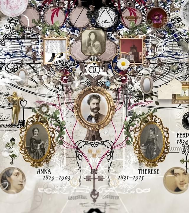 Das Bild zeigt einen kunstvoll gestalteten Stammbaum der Musikerfamilie Strauss, der auf monochromem Hintergrund mit verschiedenen dekorativen Elementen versehen ist. In der Mitte des Stammbaums ist ein Porträt von Johann Strauss II. sichtbar, umgeben von stilisierten Rahmen, die verschiedene Familienmitglieder darstellen.   Es sind insgesamt mehrere Portraits abgebildet, die in goldenen ovalen Rahmen eingefasst sind. Unter dem Porträt von Johann Strauss II. sind weitere Namen wie „Johann I.“, „Anna“ und „Therese“ vermerkt. Um die Portraits führen geschwungene Linien und dekorativ gestaltete Elemente, wie Blumen und Musikinstrumente, die dem Bild eine lebendige und nostalgische Atmosphäre verleihen.  Zusätzlich finden sich kleinere Details wie Briefe und andere Symbole, die zu einer historischen Erzählung anregen, was auf den musikalischen und familiären Hintergrund von Johann Strauss hinweist. Die Gesamtkomposition wirkt filigran und vermittelt den Eindruck von einem reichen kulturellen Erbe.