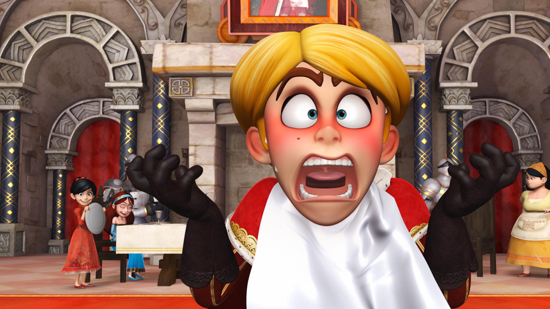 Prinz John hat zu viel Chilipulver in seiner Suppe. Er ist knallrot angelaufen und reißt Augen und Mund weit auf.