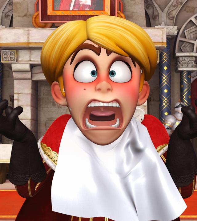 Prinz John hat zu viel Chilipulver in seiner Suppe. Er ist knallrot angelaufen und reißt Augen und Mund weit auf.
