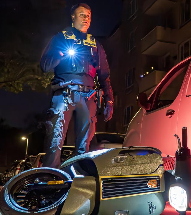 Ein Polizist steht bei Nacht mit einer Taschenlampe hinter einem quer auf der Straße liegenden Motorrad.