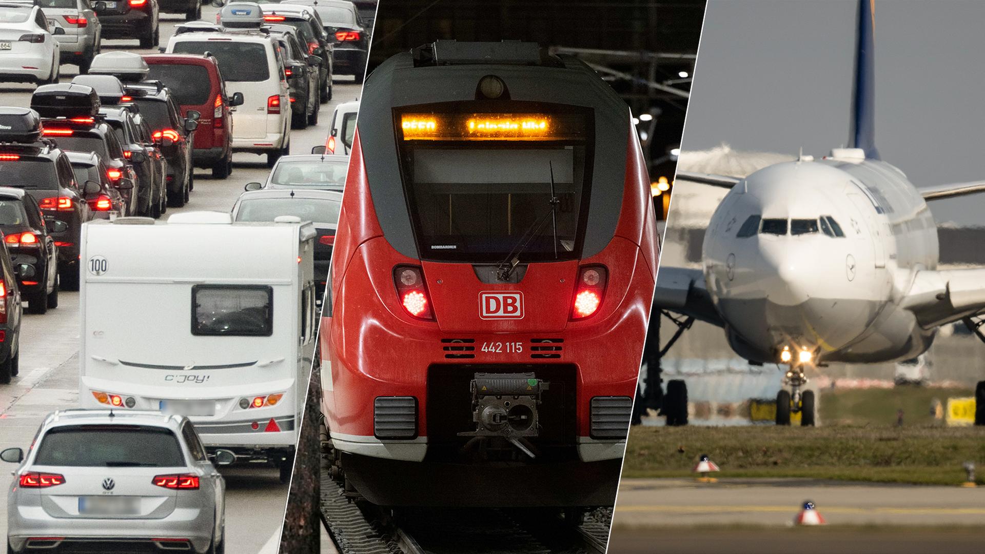 Eine Collage mit den Bildern eines Autobahnstaus links, in der Mitte ein Zug, rechts ein Flugzeug am Boden.