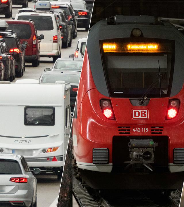 Eine Collage mit den Bildern eines Autobahnstaus links, in der Mitte ein Zug, rechts ein Flugzeug am Boden.