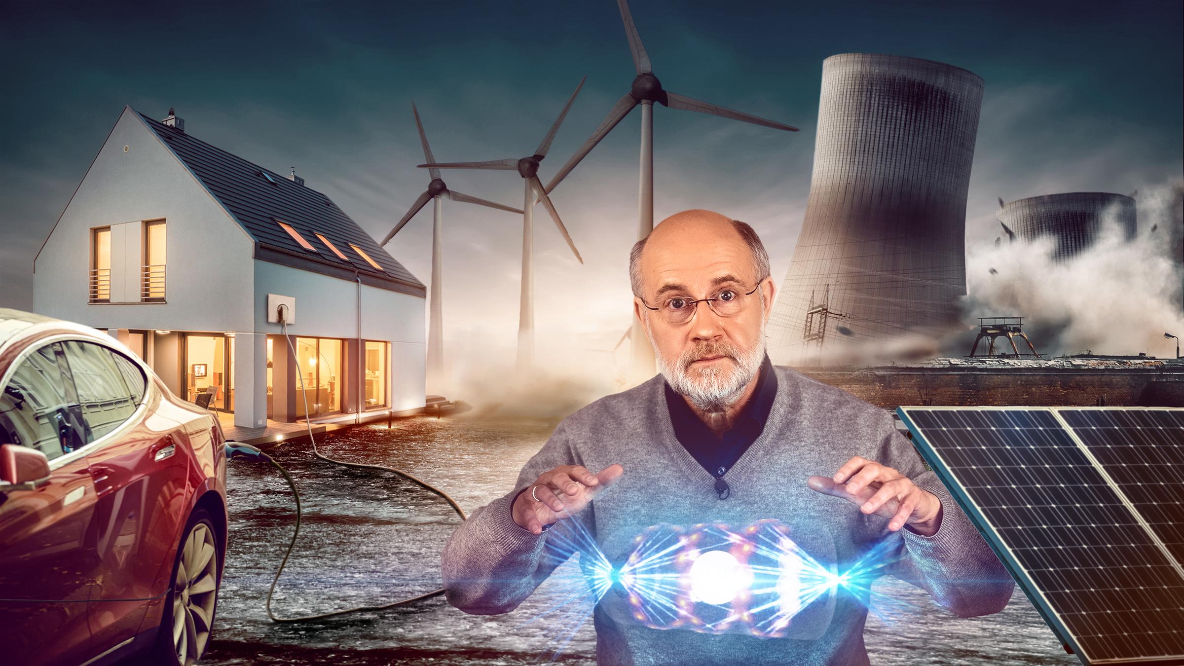 Grafik: Harald Lesch umgeben von Windrädern, E-Auto, Einstürzendem AKW und Solarzellen