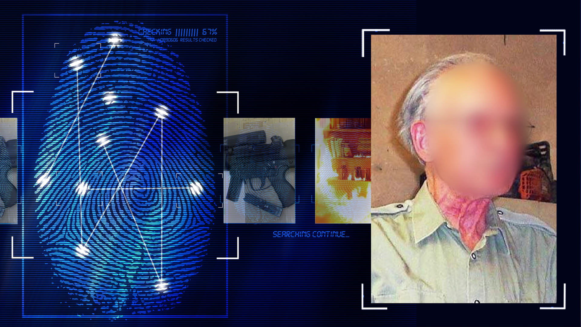 Portraitfoto eines älteren Mannes mit grauen Haaren und Brille. Leicht im Profil, er trägt ein olivgrünes Hemd. Das Gesicht wurde technisch verfremdet. Links daneben: Lichtschematische Darstellung eines Fingerabdrucks.