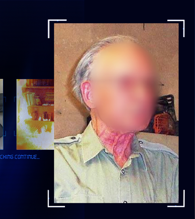 Portraitfoto eines älteren Mannes mit gauen Haaren und Brille. Leicht im Profil, er trägt ein olivgrünes Hemd. Das Gesicht wurde technisch verfremdet. Links daneben: Lichtschematische Darstellung eines Fingerabdrucks.