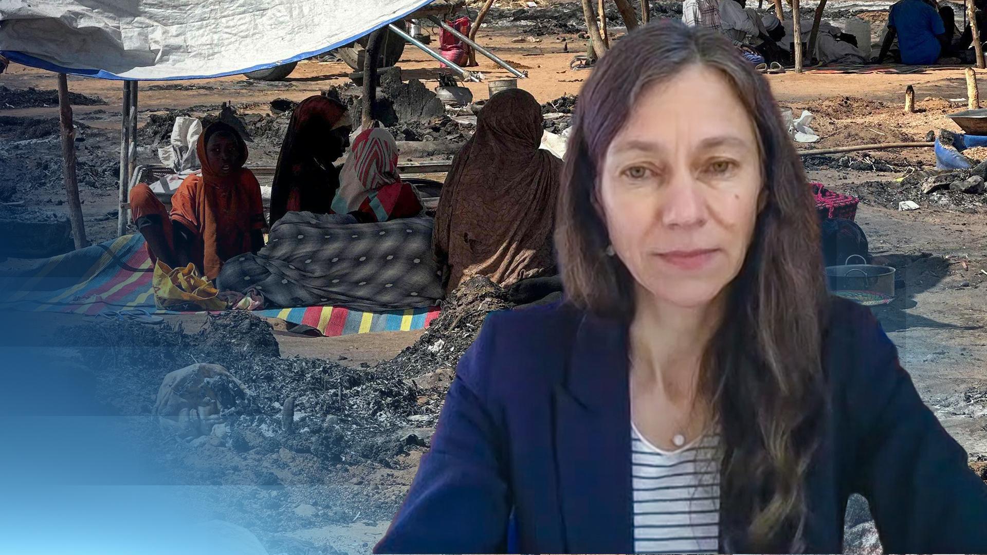 Konfliktforscherin Anette Hoffmann vor hilfsbedürftigen im Sudan