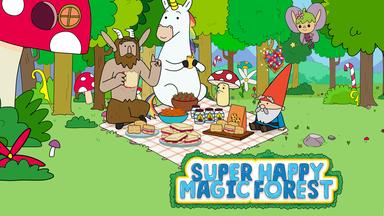 Kinderanimationsserie Super Happy Magic Forest: Im Wald auf einer Lichtung sitzen Hufius, Blümchen, Tupfen und Herbert auf einer Picknickdecke, die mit Toasts, Küchlein und anderen Leckereien gedeckt ist. Twinkle schwebt über ihnen und hat einen Toast in der Hand. 