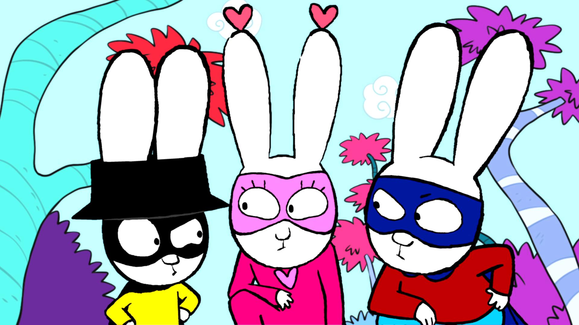 Superhase, Super-Lou und Captain Hase blicken sich gegenseitig grübelnd an. Dabei knien sich Superhase und Super-Lou zu Captain Hase runter.