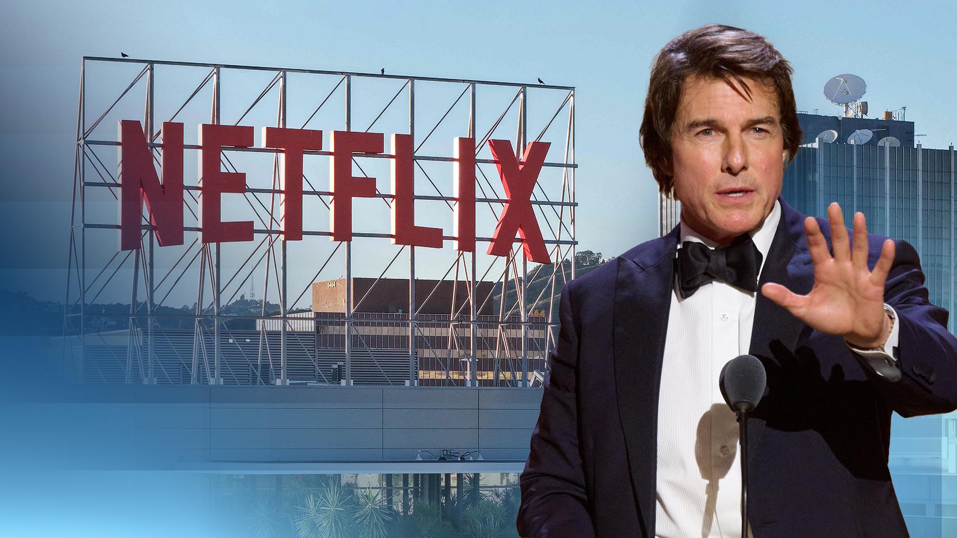Ein Bild von Tom Cruise in schwarzem Sakko auf der rechten Seite und auf der linken Seite als Hintergrundbild ein Bild von dem Netflix-Gebäude mit dem Schriftzug der Firma.