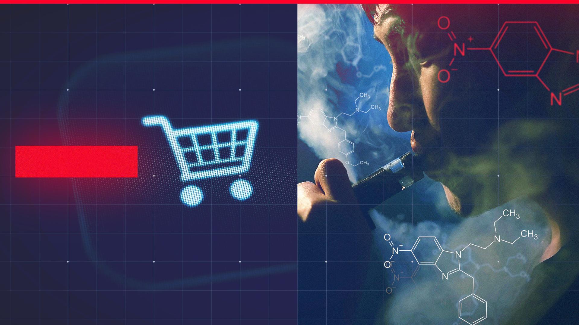 Montage | rechts: Junger Mann mit Vape beim Dampfen und von Qualm eingehüllt, davor zwei chemische Formeln von synthetischen Opioiden ; links: Einkaufswagen-Symbol für Online-Shoppen