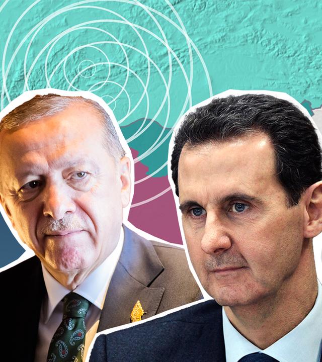 Erdogan und Assad vor Karte von türkisch-syrischer Grenze