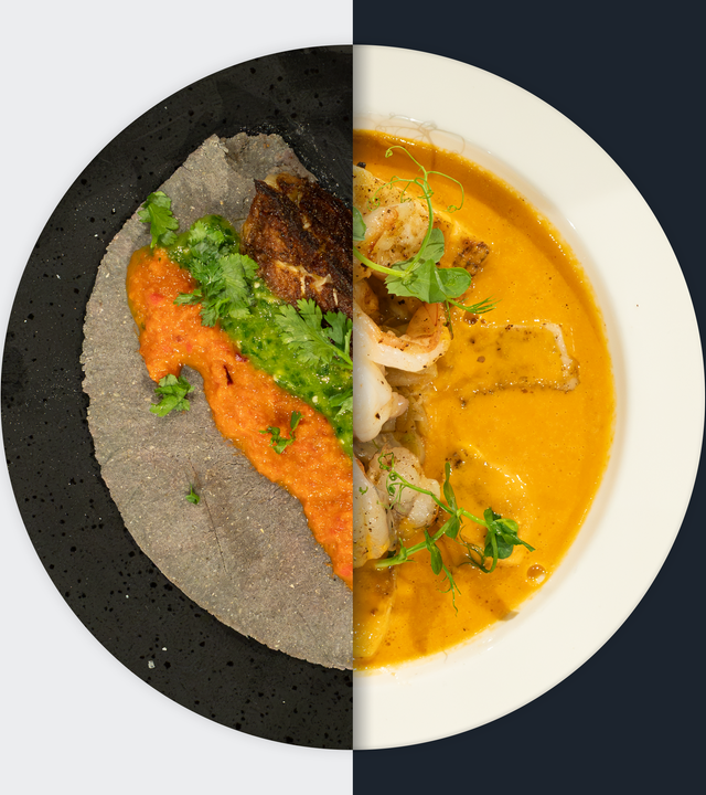 Taco de berenjena vs. "Holy moly"-Fischsuppe
