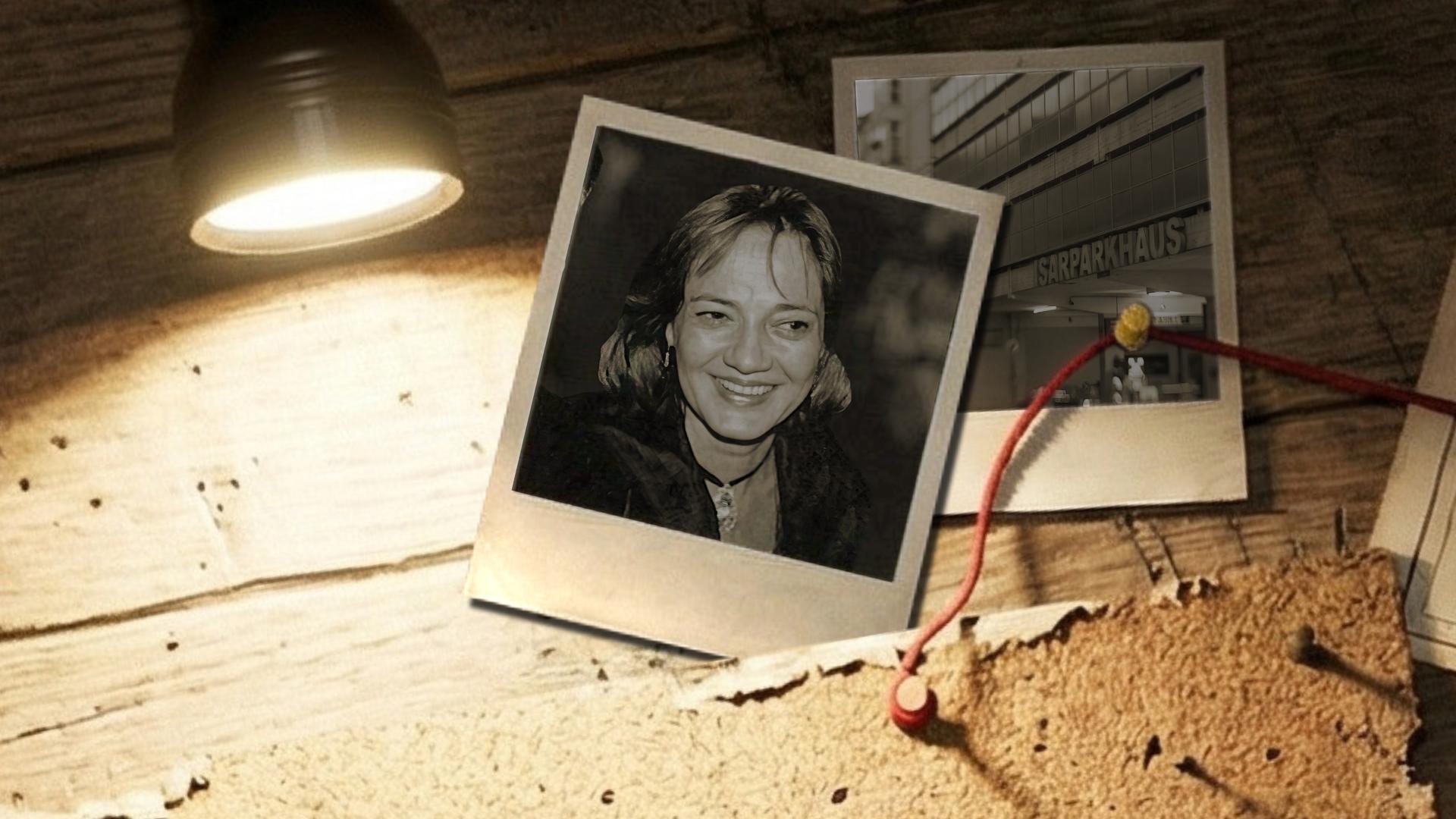 Collage, Nahaufnahme einer Ermittlungswand mit Bildern und Verknüpfungen, hier zusehen eine junge Frau und der Aussenbereich eines Parkhauses