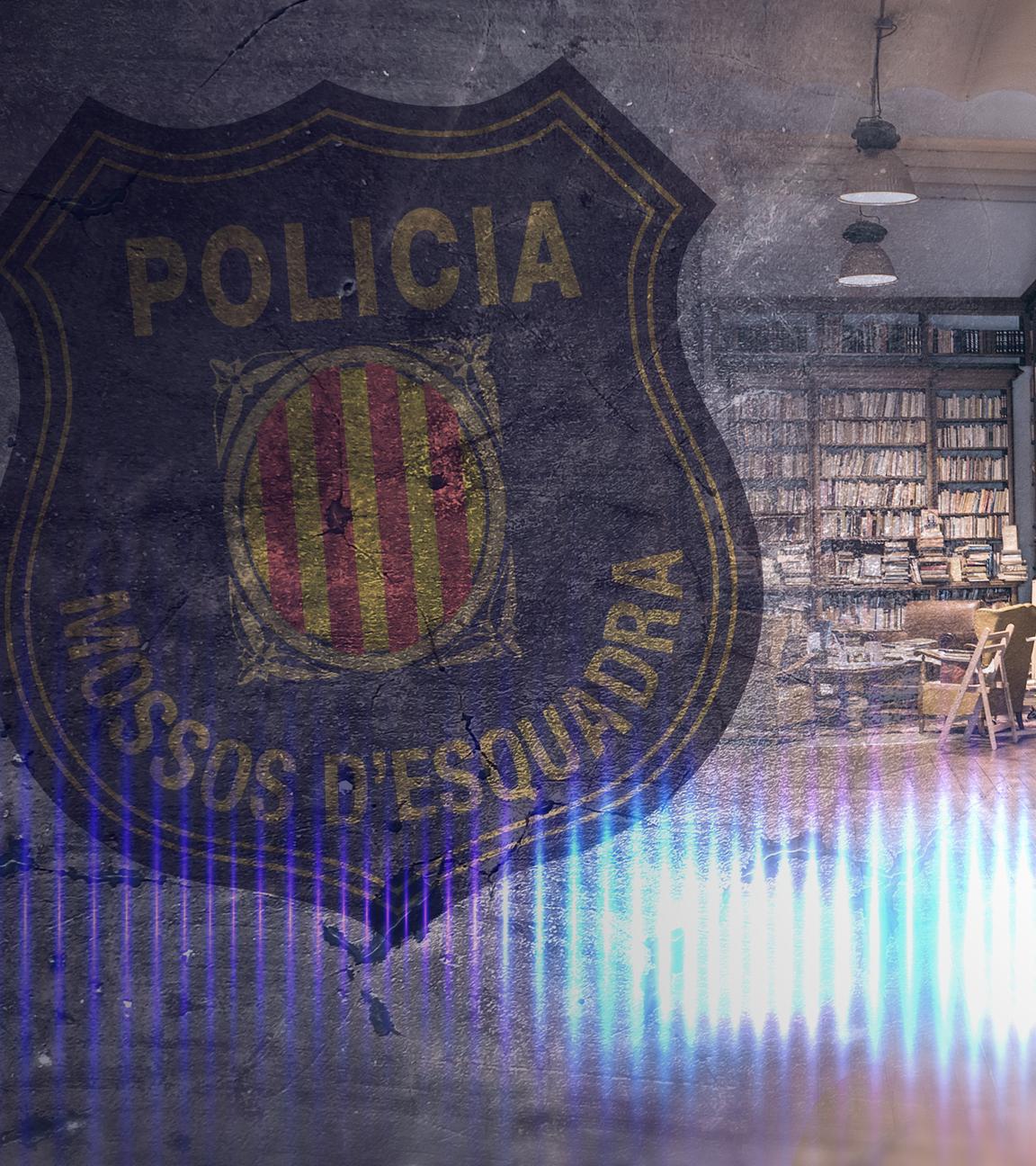 Montage: Das Wappen der katalanischen Polizei Mossos d´Esquadra, daneben eine alte Bibliothek mit vielen Büchern.