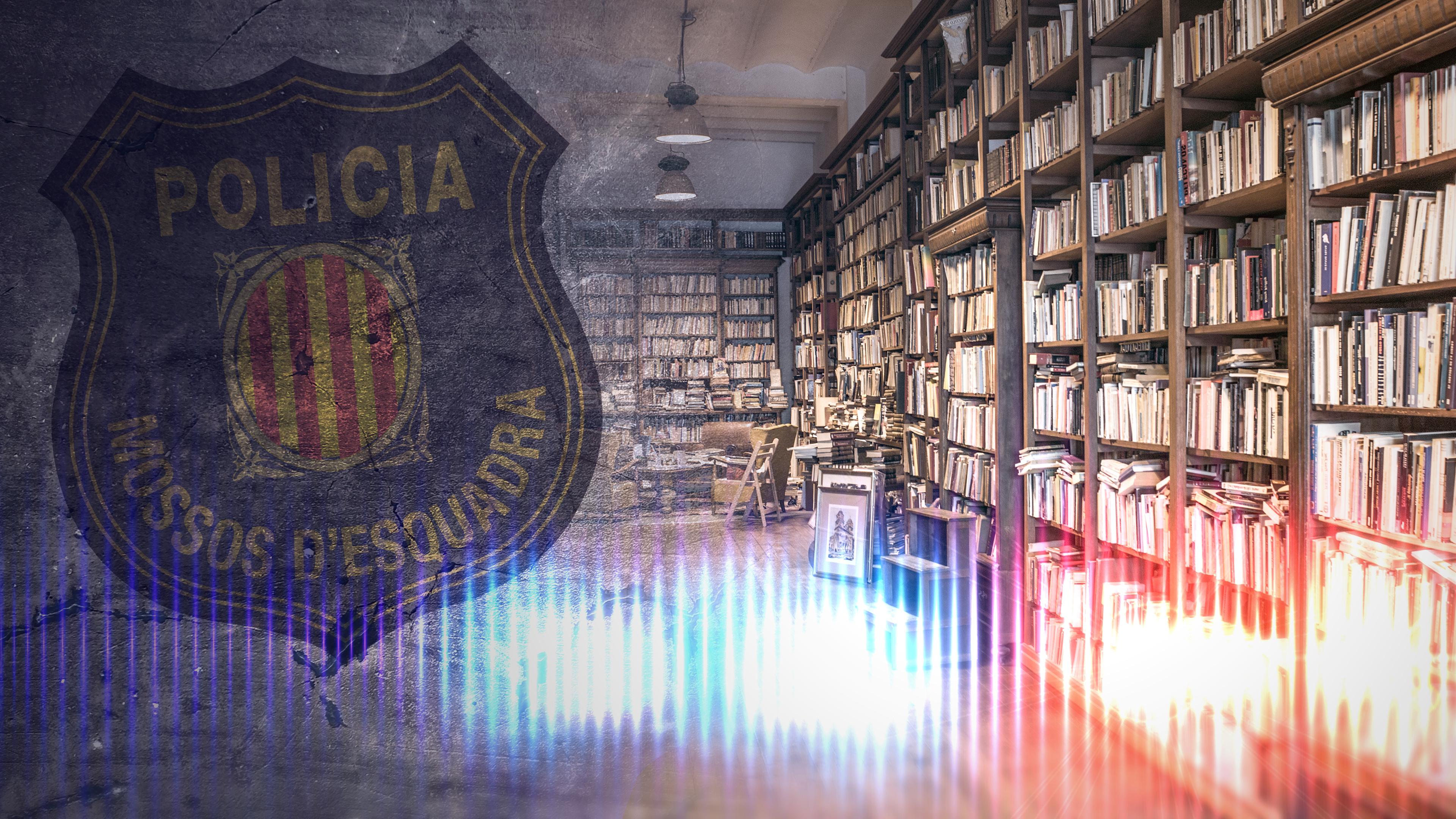 Montage: Das Wappen der katalanischen Polizei Mossos d´Esquadra, daneben eine alte Bibliothek mit vielen Büchern.