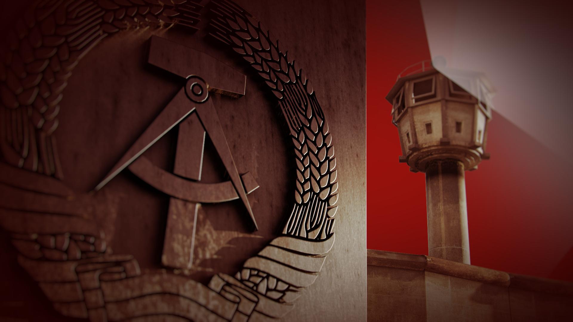 Animierte grafische Elemente vor rötlichem Hintergrund. Im Bildvordergrund links Hammer und Zirkel im Ährenkranz, rechts ein Wachtturm vor einer Mauer.