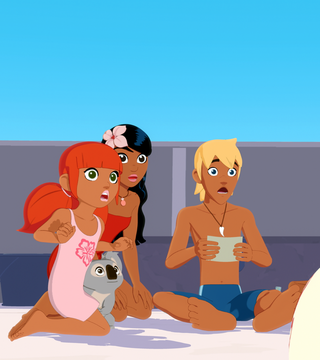 Marina, Raoul, Timeti, Yann und Auru sitzen Onkel Patrick gegenüber. Sie sehen geschockt aus.