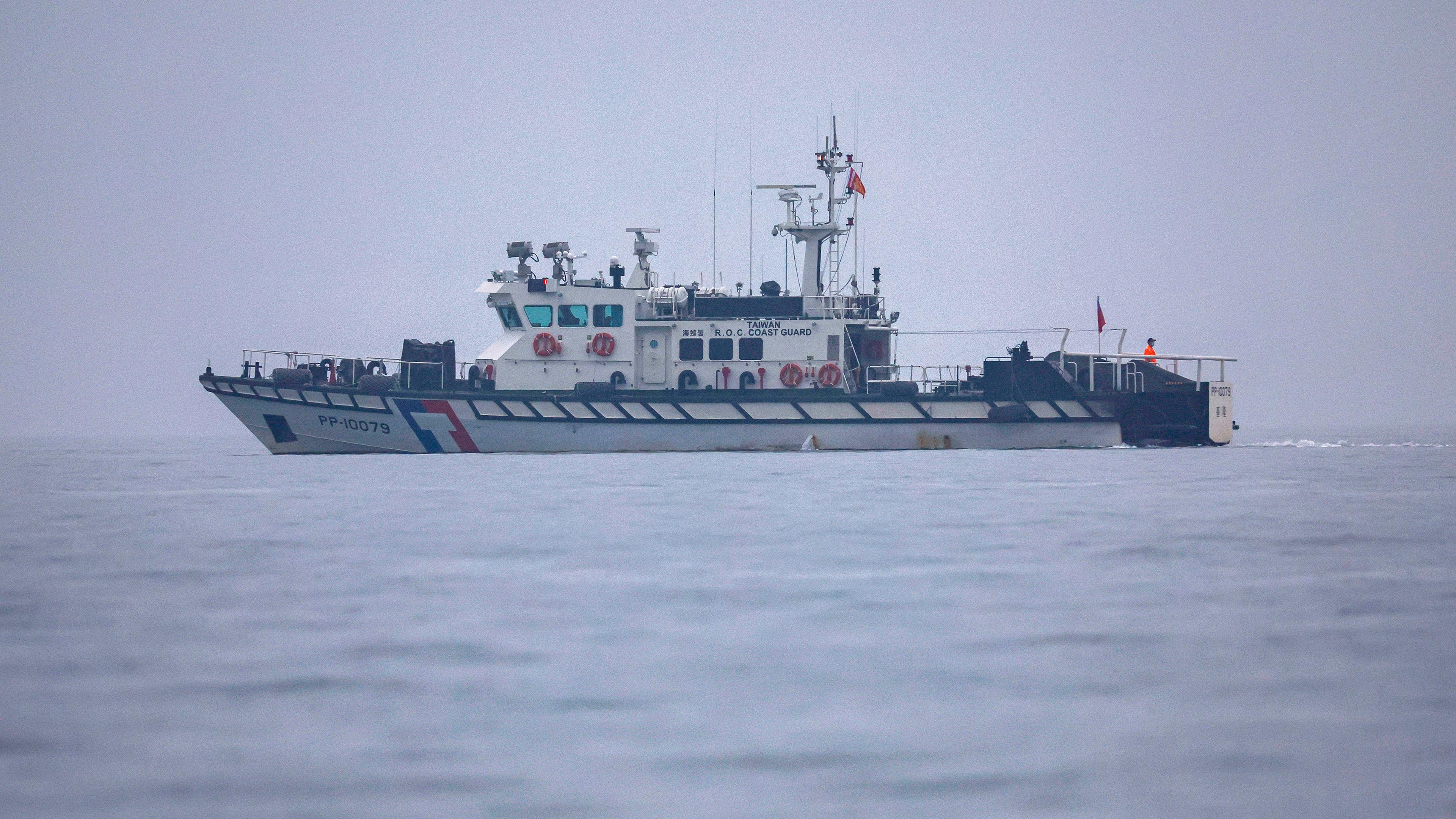 A Taiwanese Coast Guard vessel patrols along the Kinmen-Xiamen water passage, near the maritime boundary between Taiwan and China