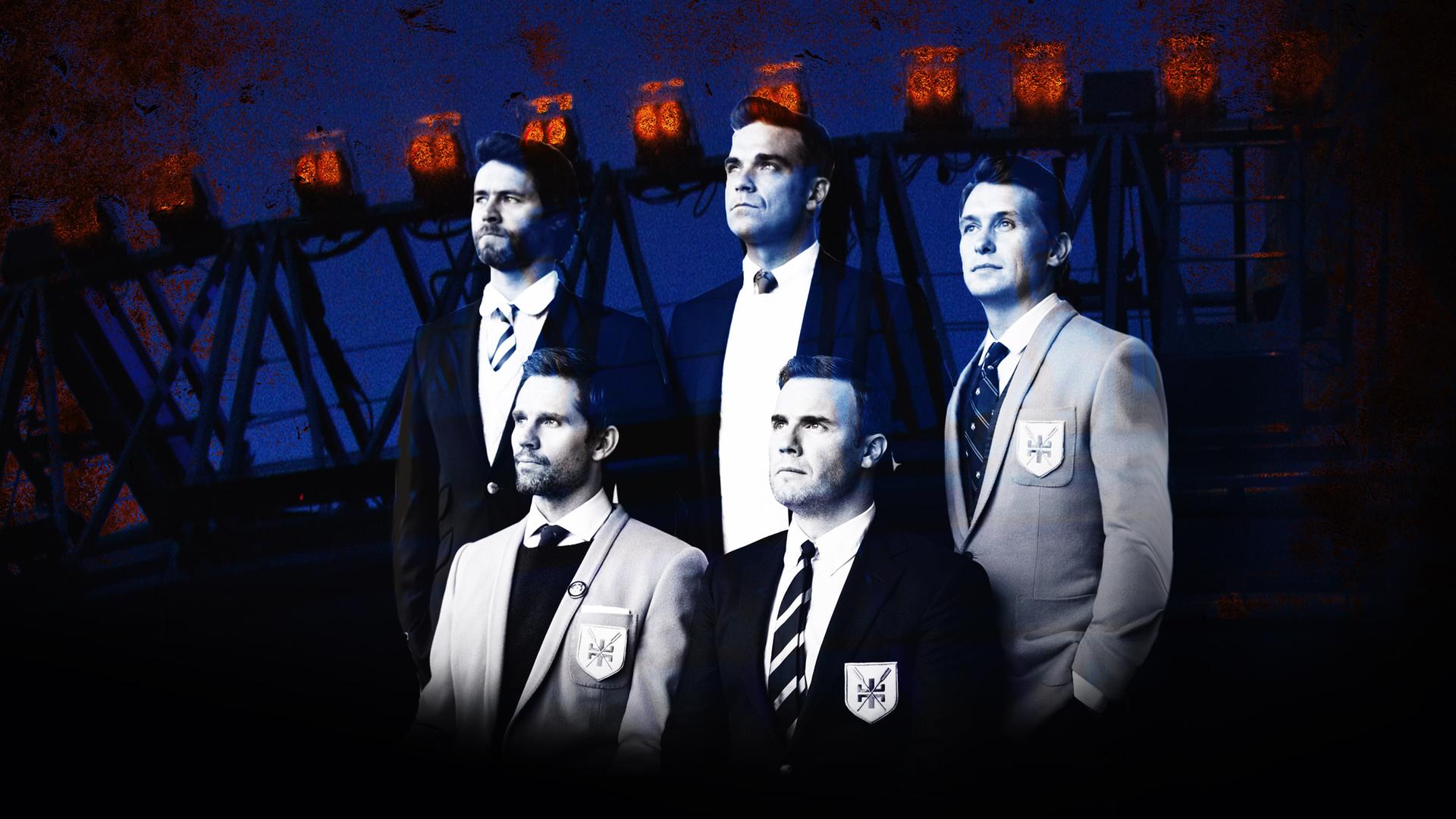 Die fünf Sänger von Take That im Porträt in schwarz weiß.