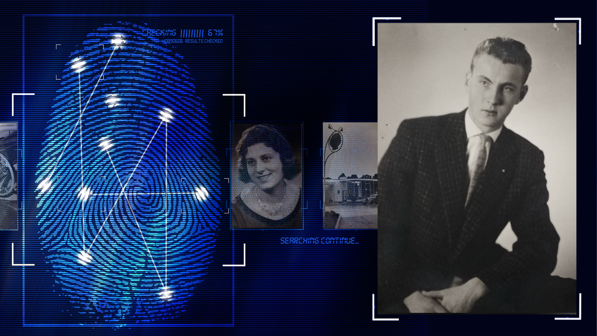 Portraitfoto des Opfers, schwarzweiß. Links daneben: Lichtschematische Darstellung eines Fingerabdrucks.