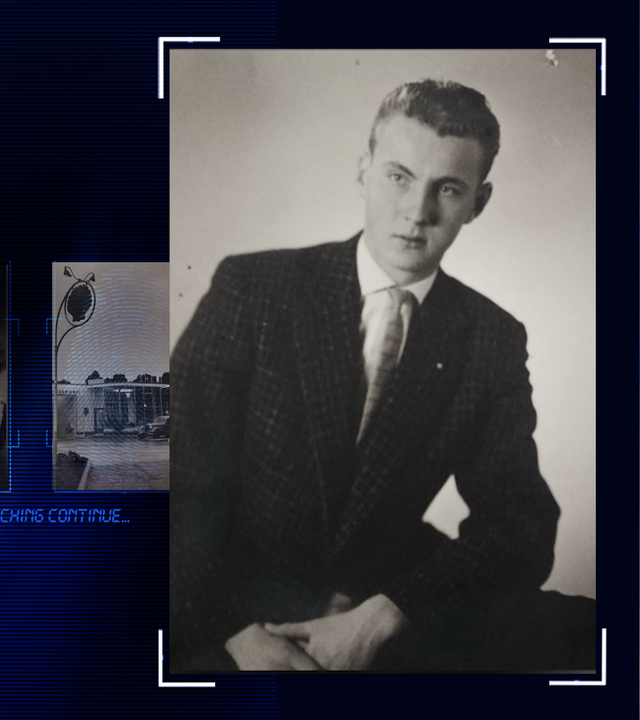 Portraitfoto des Opfers, schwarzweiß. Links daneben: Lichtschematische Darstellung eines Fingerabdrucks.