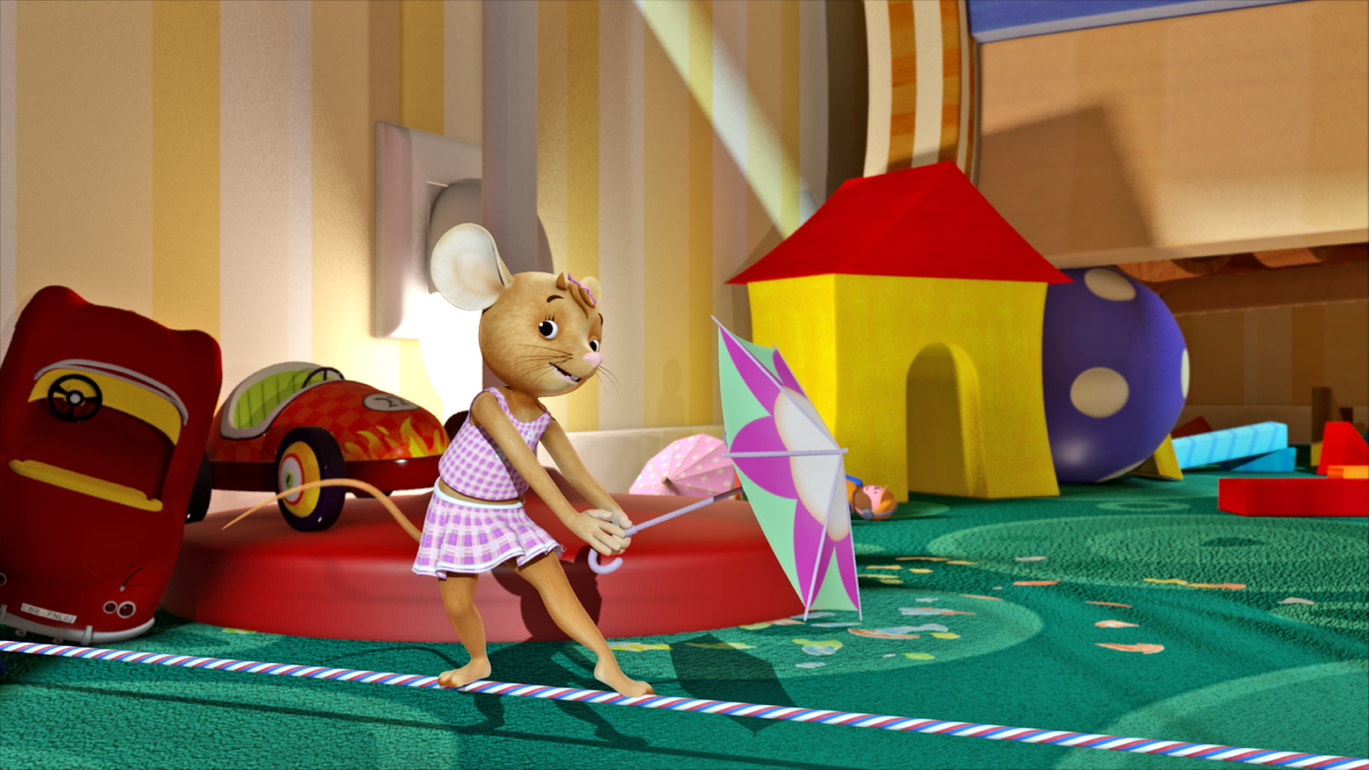 Im Kinderzeimmer ist ein Seil ist über den Boden gespannt. Naya tanzt auf dem Seil mit einem Eisschirmchen in der Hand.