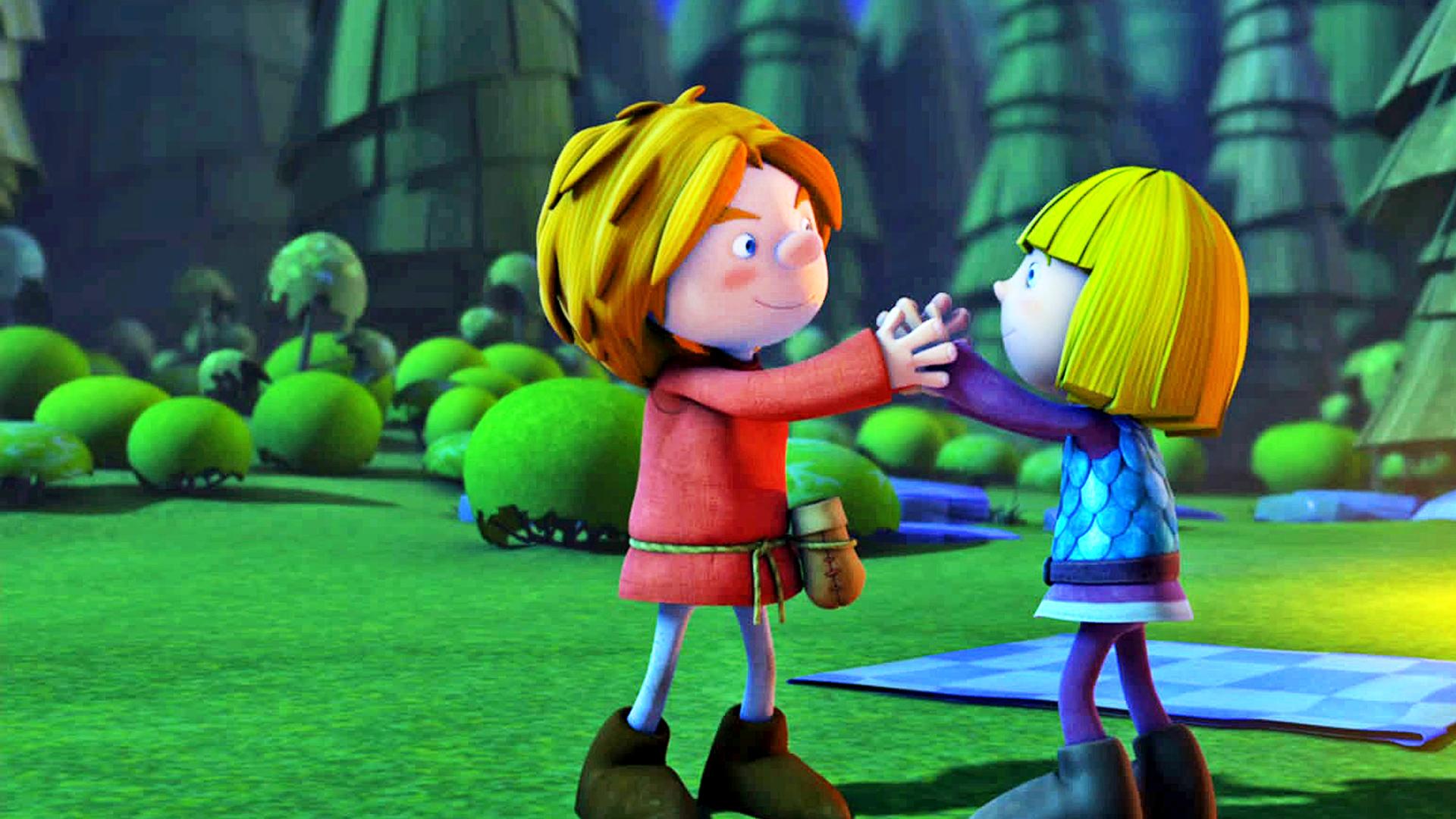 Gilby fordert Wickie heraus: Die beiden stehen sich gegenüber und strecken ihre Arme zueinander aus.