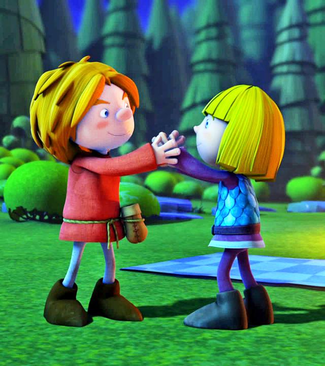 Gilby fordert Wickie heraus: Die beiden stehen sich gegenüber und strecken ihre Arme zueinander aus.