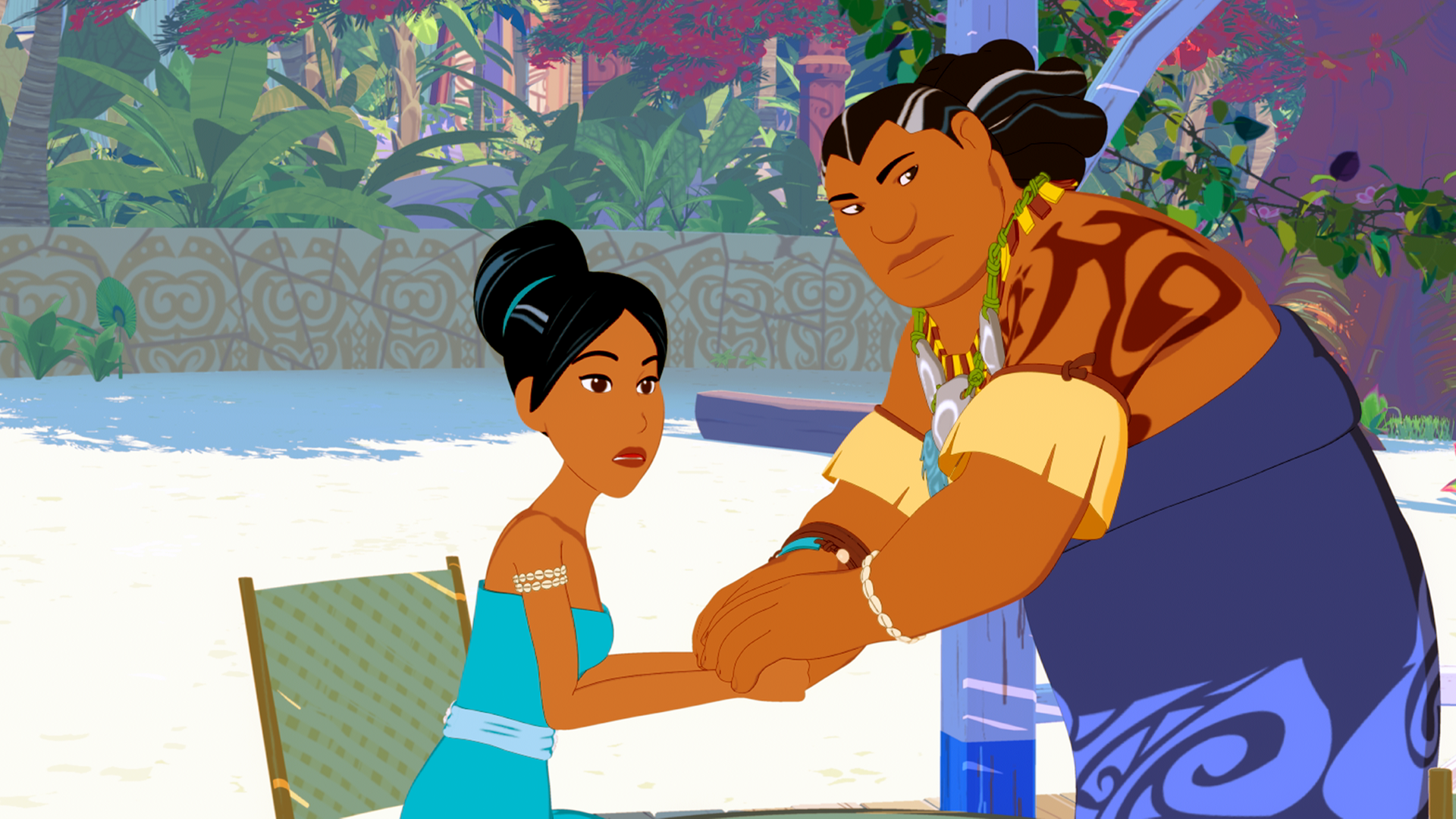 Papa Tuanaku tröstet Tapuna, deren Geheimnis gelüftet wurde. Sie sitzt auf einem Stuhl, er steht und hält ihre Hände fest. Beide schauen auf etwas.