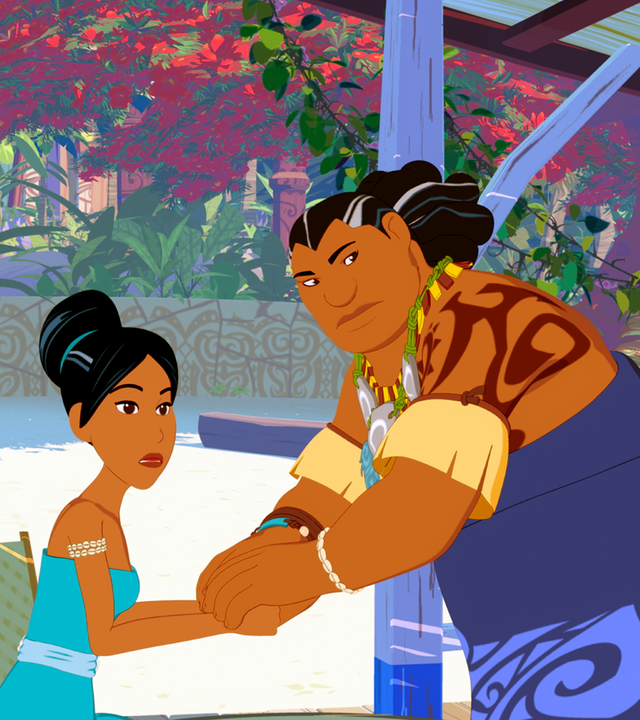 Papa Tuanaku tröstet Tapuna, deren Geheimnis gelüftet wurde. Sie sitzt auf einem Stuhl, er steht und hält ihre Hände fest. Beide schauen auf etwas.