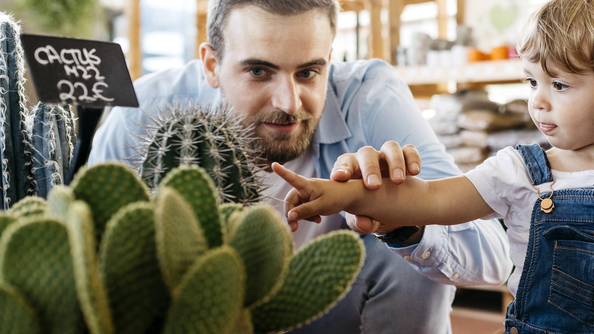 Ein Kind testet in einem Gartencenter einen Kaktus mit dem Finger. Links und rechts daneben sind Vater und Mutter. 