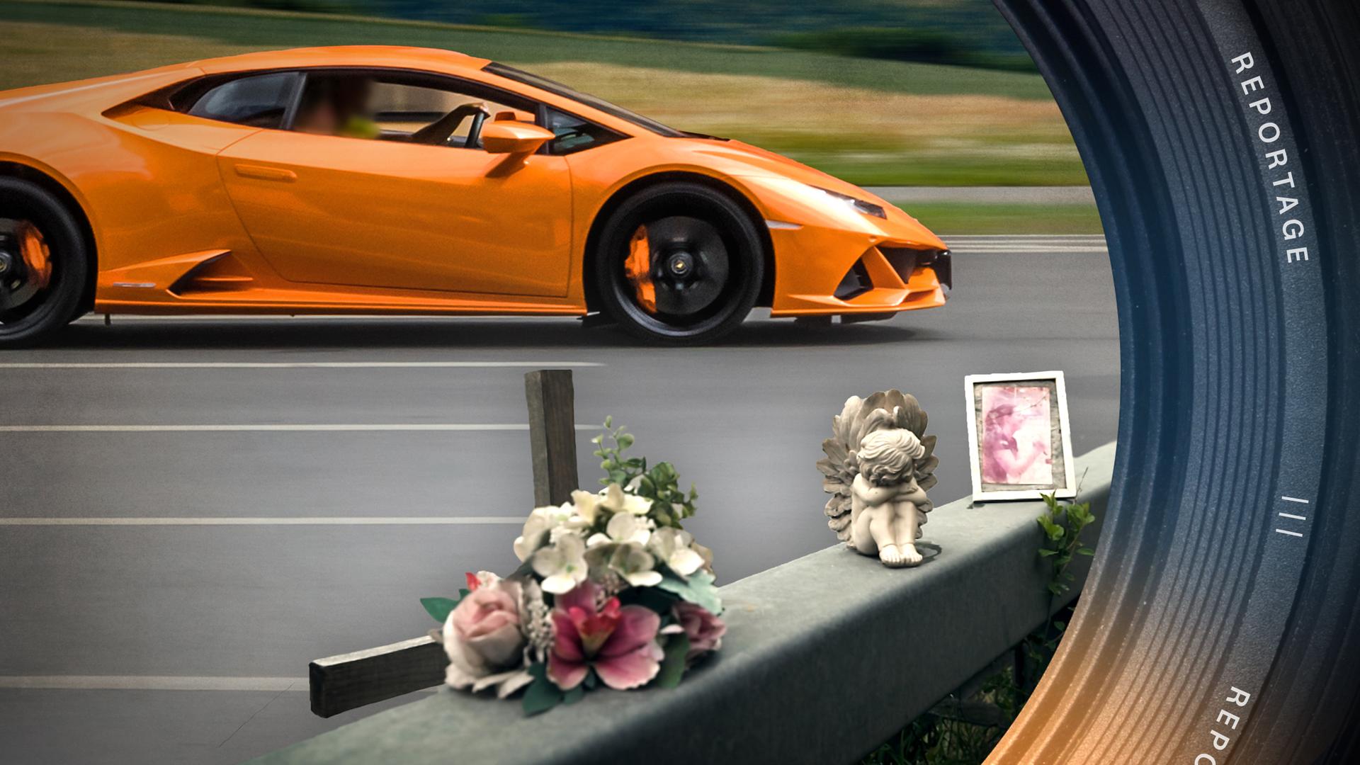 Collage: im Hintergrund ein orangener Sportwagen auf eine Landstraße und im Vordergrund eine Leitplanke auf der ein Kreuz mit Blumen steht, sowie ein Foto eines Opfers und einer Engelsfigur stehen