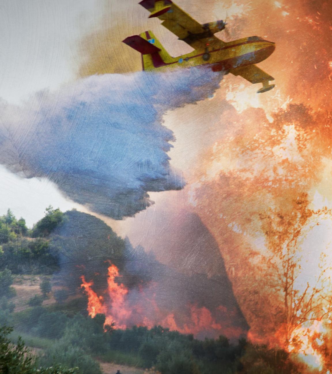 Ein Flugzeug fliegt über einen brennenden Wald