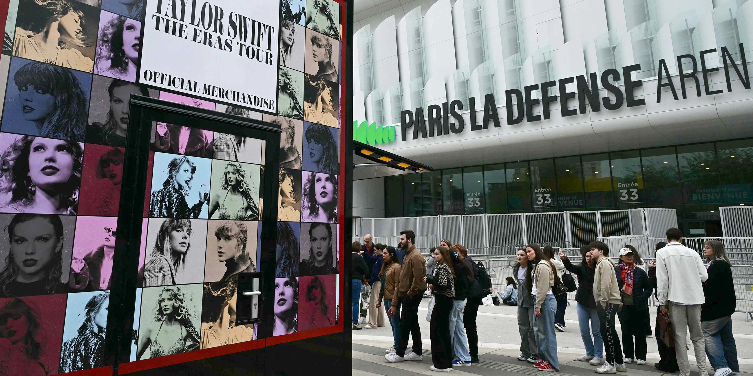 Fans der US-Sängerin Taylor Swift stehen einen Tag vor Beginn der Konzerte des Popstars in der Pariser La Defense Arena an, um Merchandise-Artikel zu erwerben.