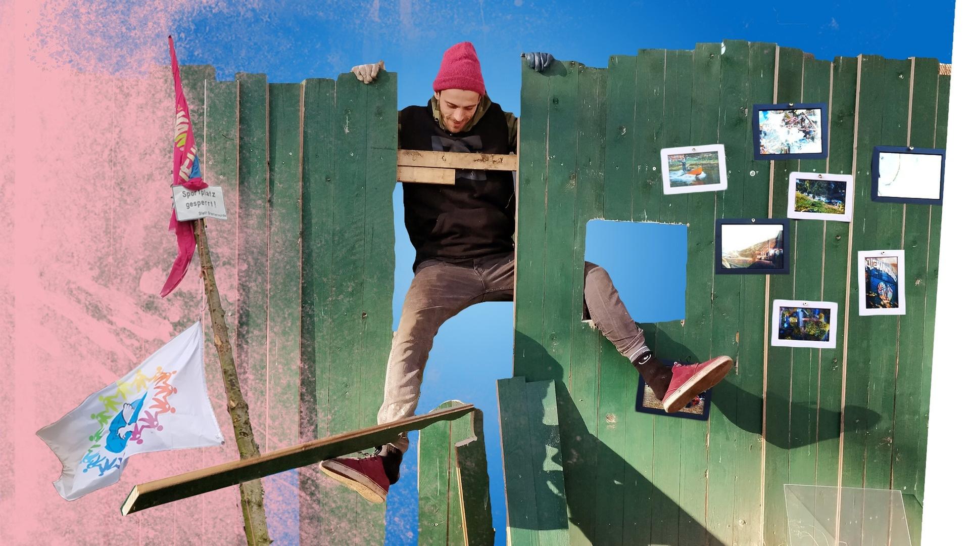 Kliemannsland-Museumszaum mit Fahnenmast und Tramperbank- Kliemannsland