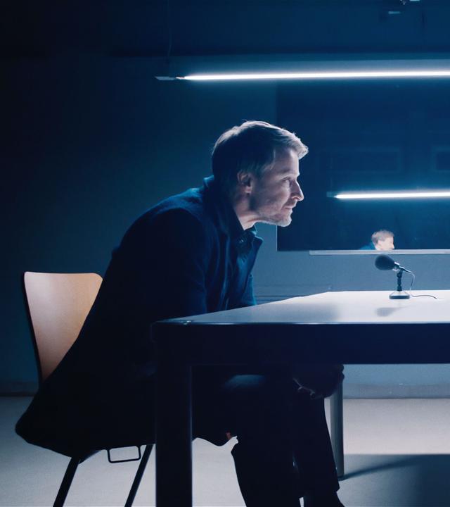 Im spärlich beleuchteten Befragungsraum interviewt Otto (Florian Martens) den verdächtigen Professor Peter Prochaska (Max von Pufendorf).