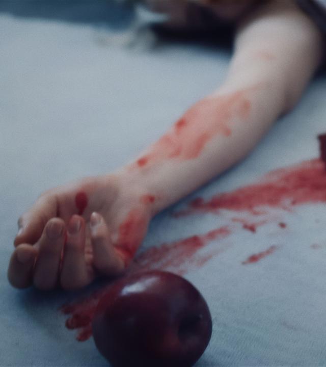 Auf einer blutgetränkten Matratze liegt eine Frau, von der man nur den ausgestreckten, blutbeschmierten Arm sehen kann. Vor der Hand liegt ein roter Apfel.