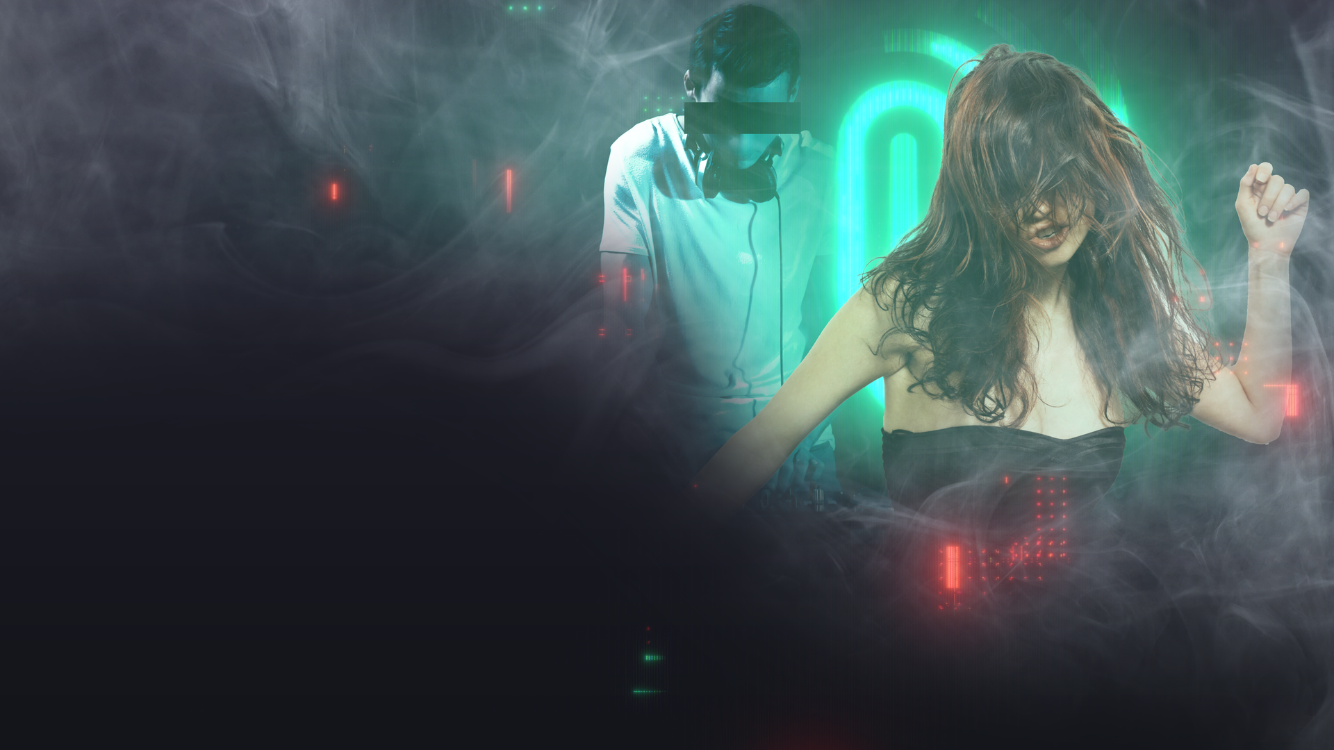 Tanzende Frau mit DJ im Hintergrund. Spur-Logo. 