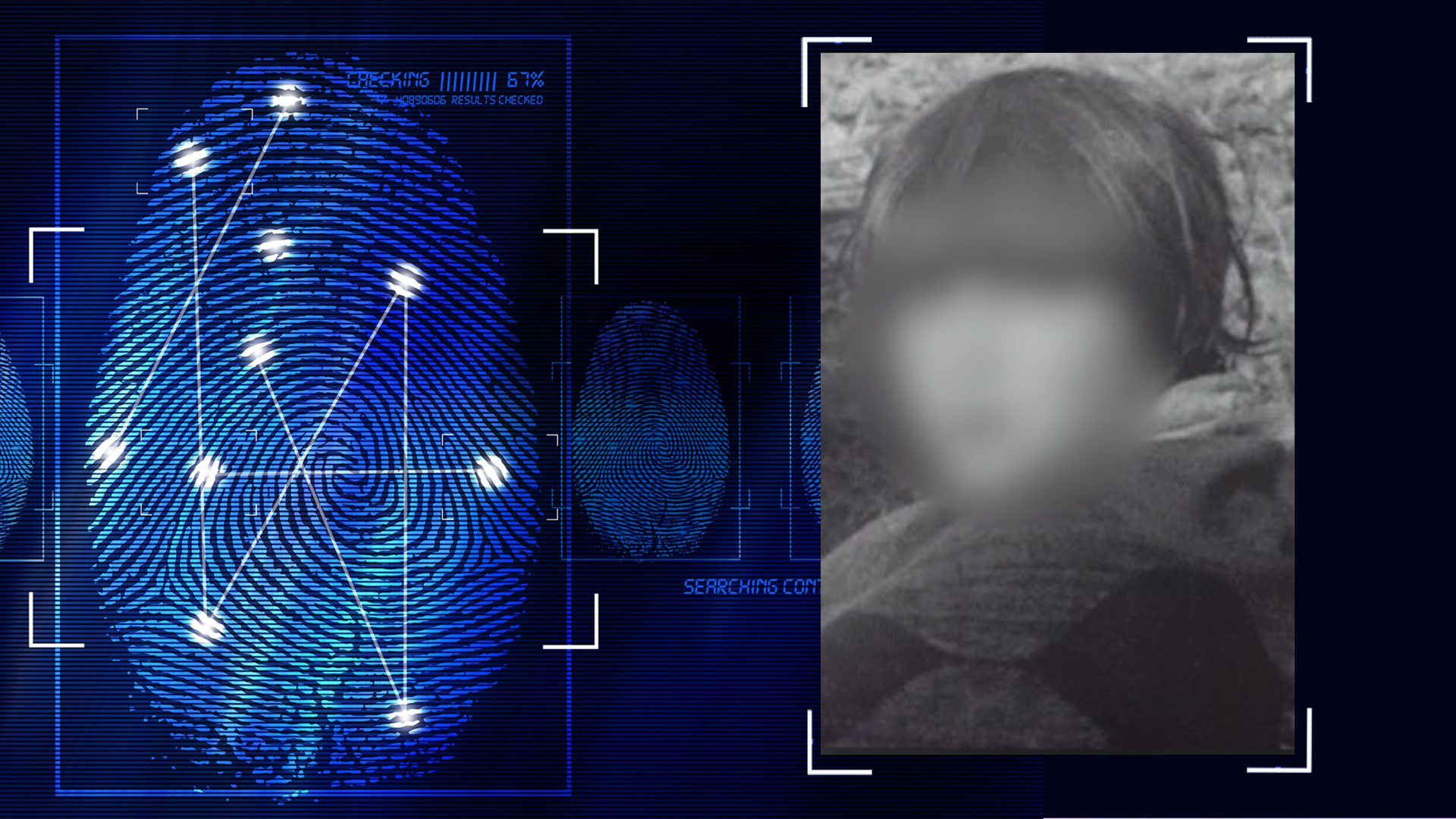 Schwarzweißportraitfoto einer jungen Frau. Gesicht im Bild technisch verfremdet. Links daneben: Lichtschematische Darstellung eines Fingerabdrucks.