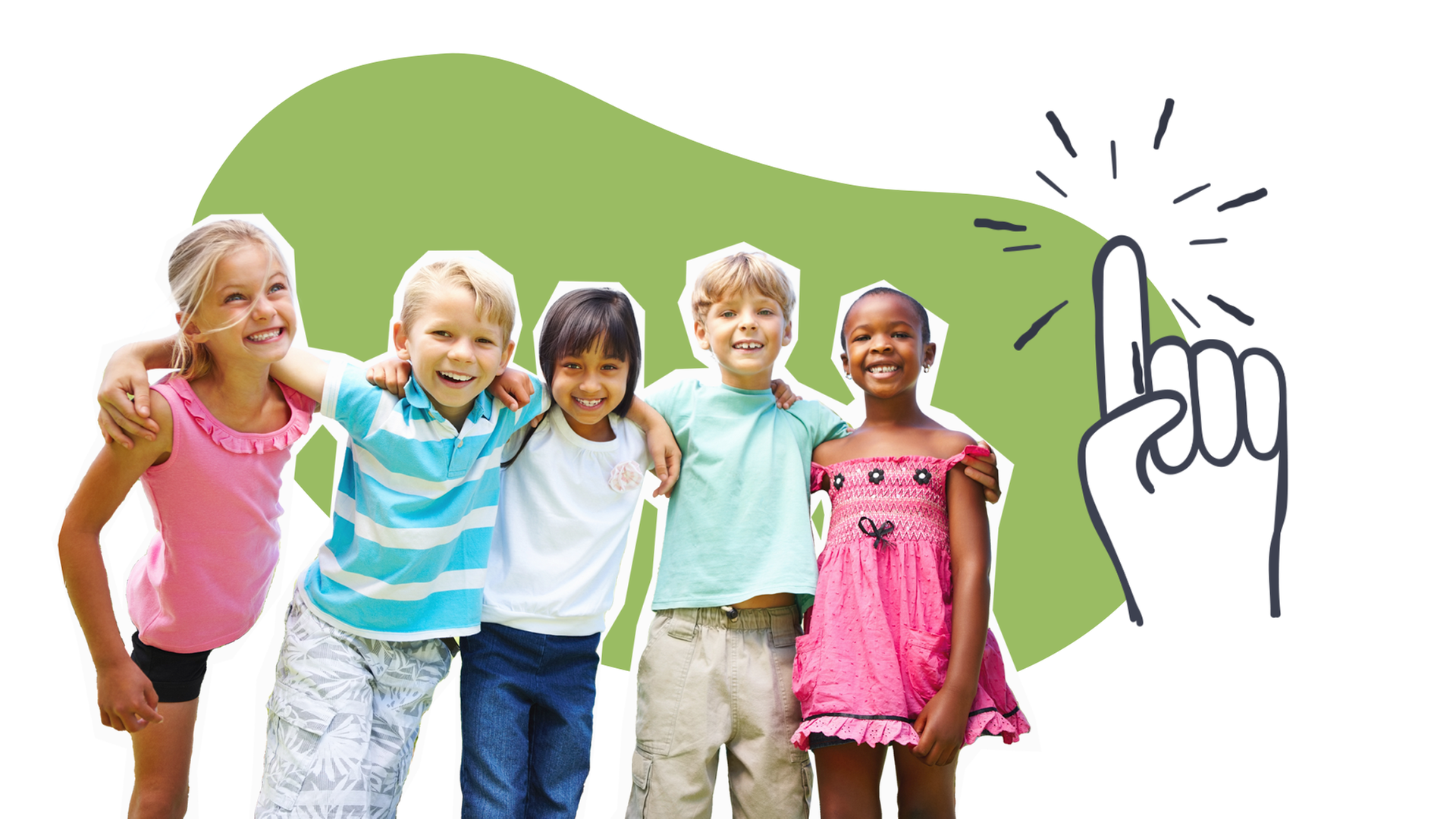 Kinder schauen lachend in die Kamera, daneben ein erhobener Finger auf grünem und weißem Hintergrund