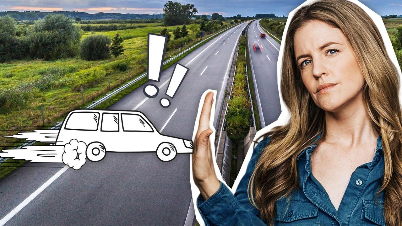 symbolbild tempolimit: Jennie wehrt mit der Hand ein rasendes Auto ab, im Hintergrund eine Autobahn.