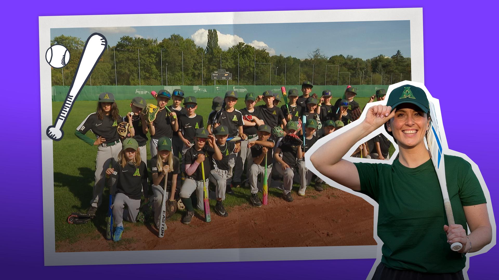 Grafik: Cutout Reporterin Teresa in Baseball-Outfit und daneben Foto Baseballmannschaft