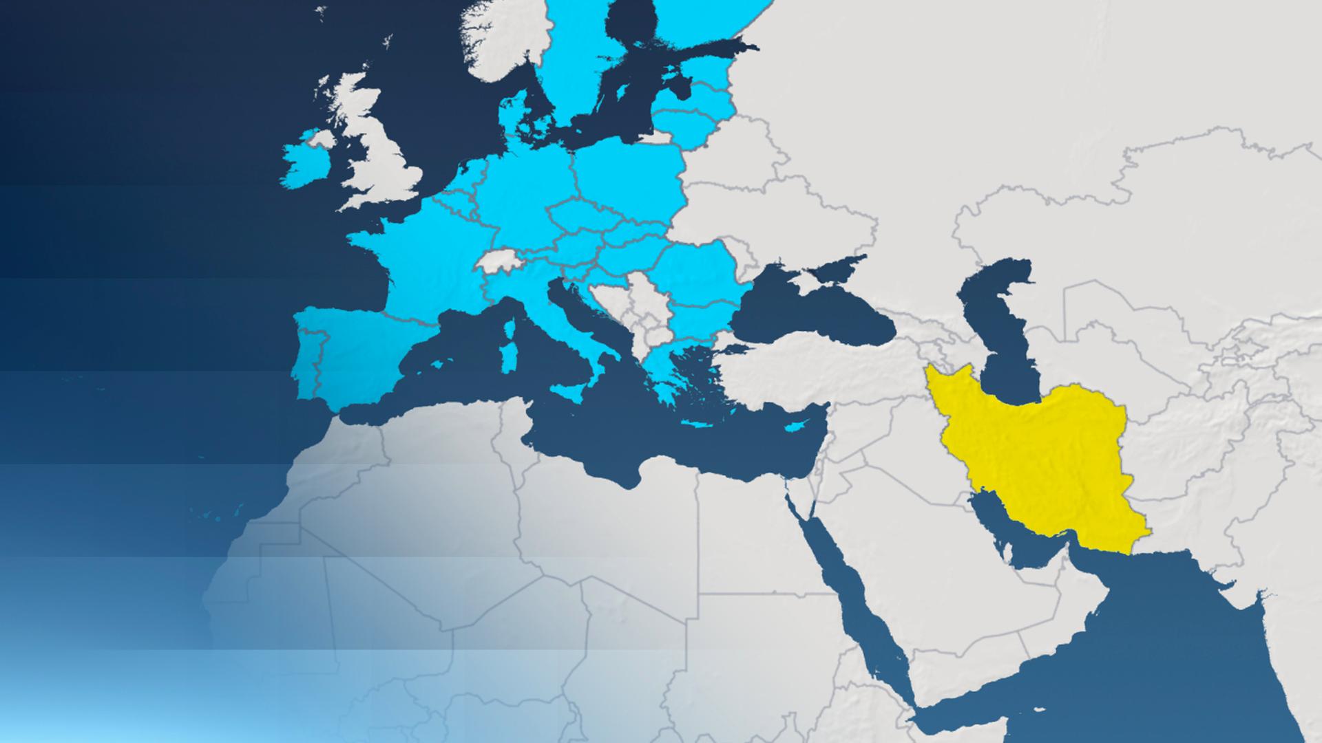Eine Karte von Europa und dem mittleren Osten, in blau sind die Länder der EU markiert, gelb der Iran.