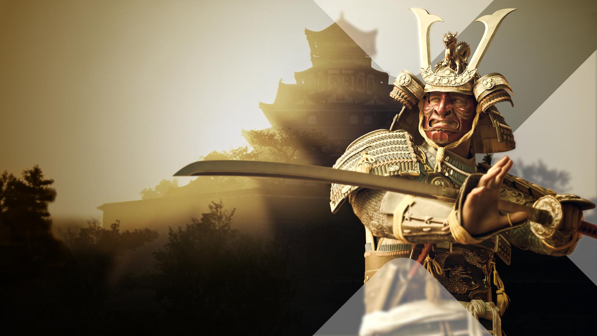 Samurai mit Schwert und Burg im Hintergrund