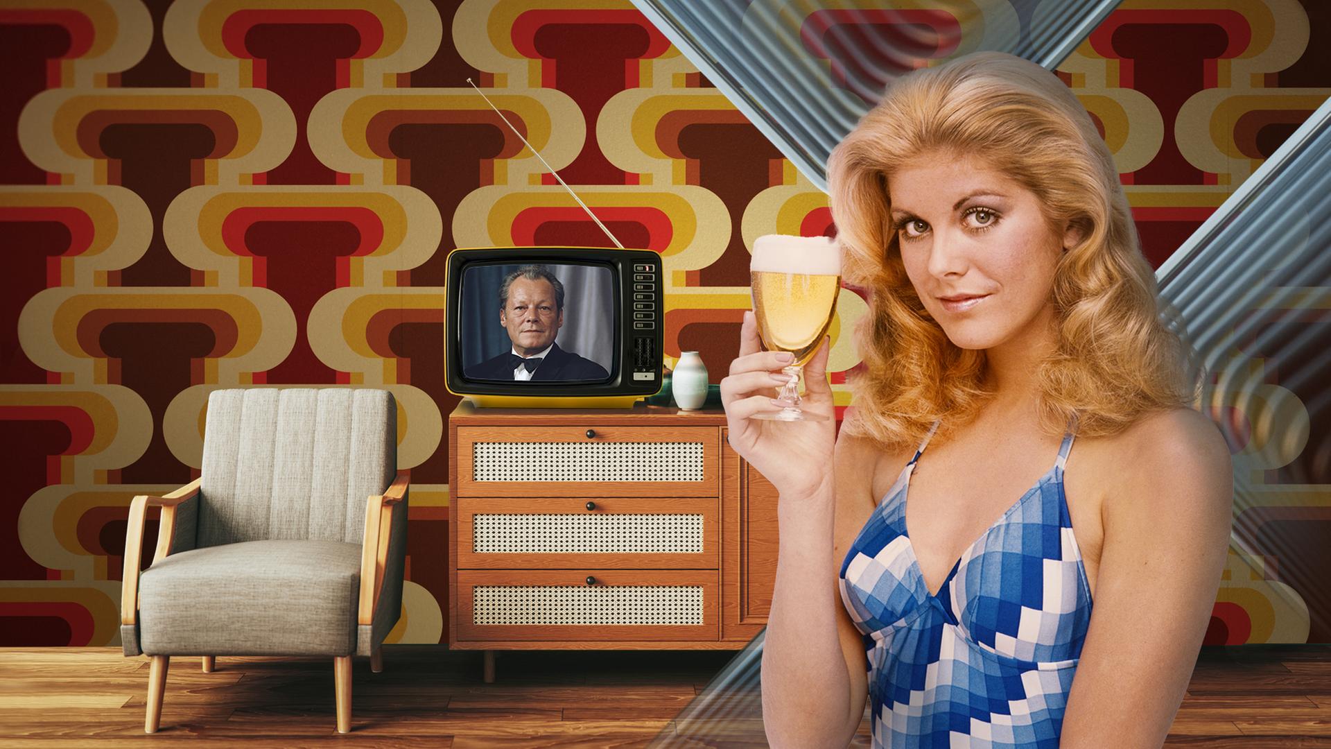 Collage mit Retro-Tapete im Hintergrund,  ein Model in für die 70er-Jahre typischer Kleidung, Willy Brandt im Hintergrund auf dem Bildschirm eines Fernsehers aus der damaligen Zeit.