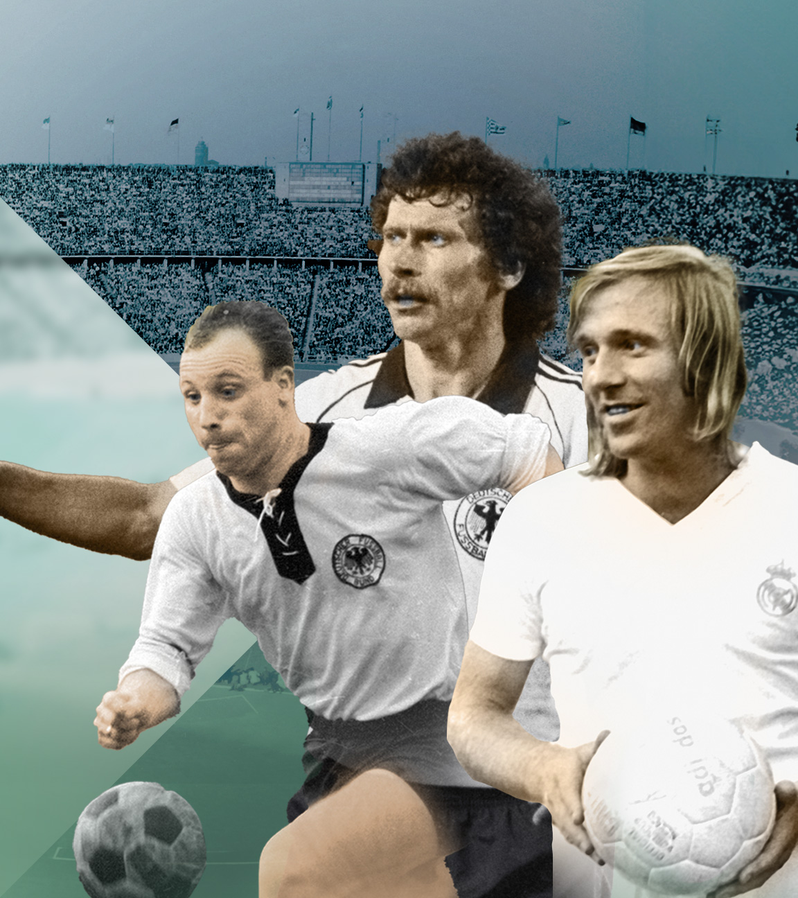 Vor dem Olympiastadion in München sind die Fussballlegenden Paul Breitner, Gerd Müller, Uwe Seeler, Franz Beckenbauer und Günter Netzer zu sehen.
