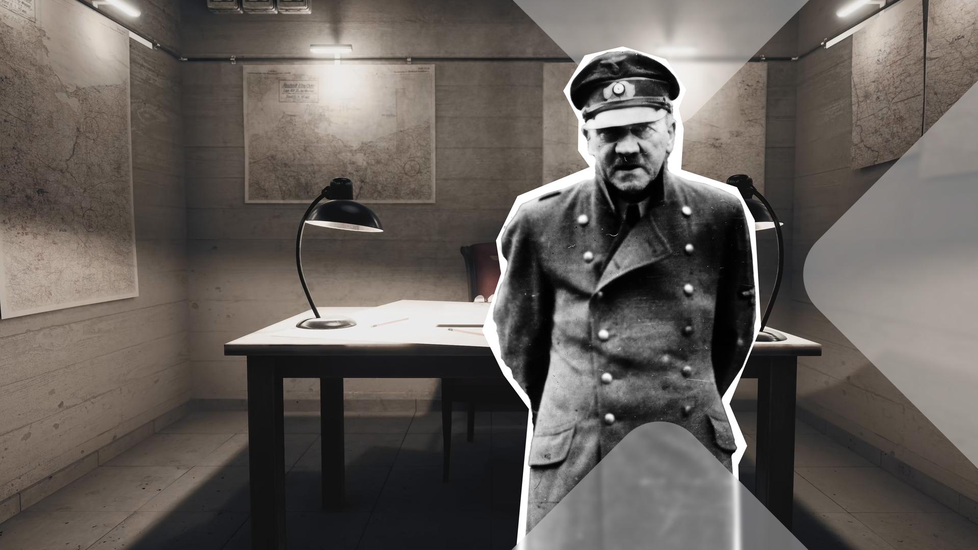 Vor einem animierten Hintergrund ist eine Fotografie von Adolf Hitler rechtsbündig eingesetzt. Er steht vor seinem Schreibtisch im Füherbunker und trägt eine Uniform. Das Bild ist in Schwarz-Weiß-Tönen gehalten. 