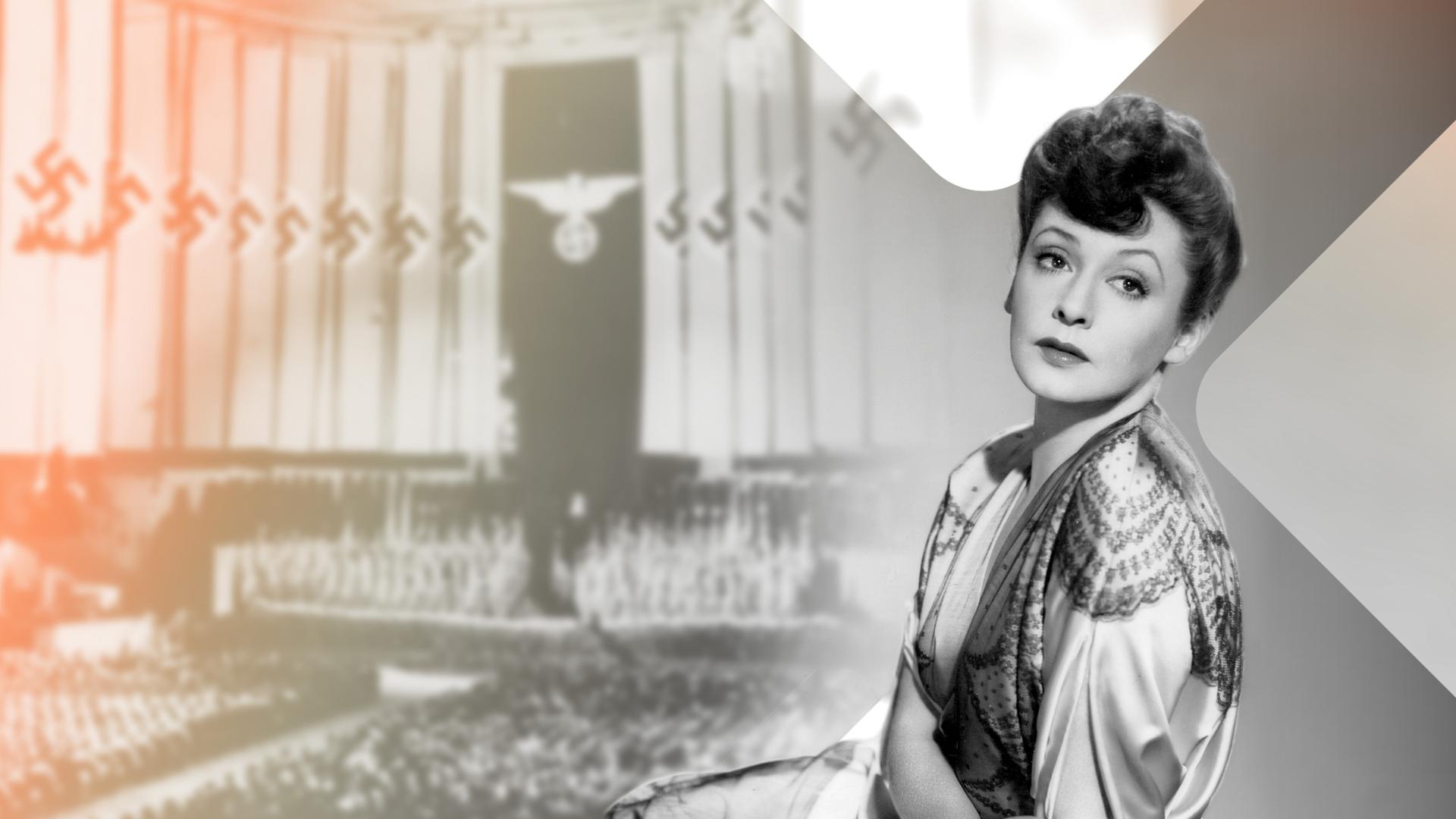 Ein Porträt der Schauspielerin Zarah Leander vor einer Versammlung der Nationalsozialisten. 